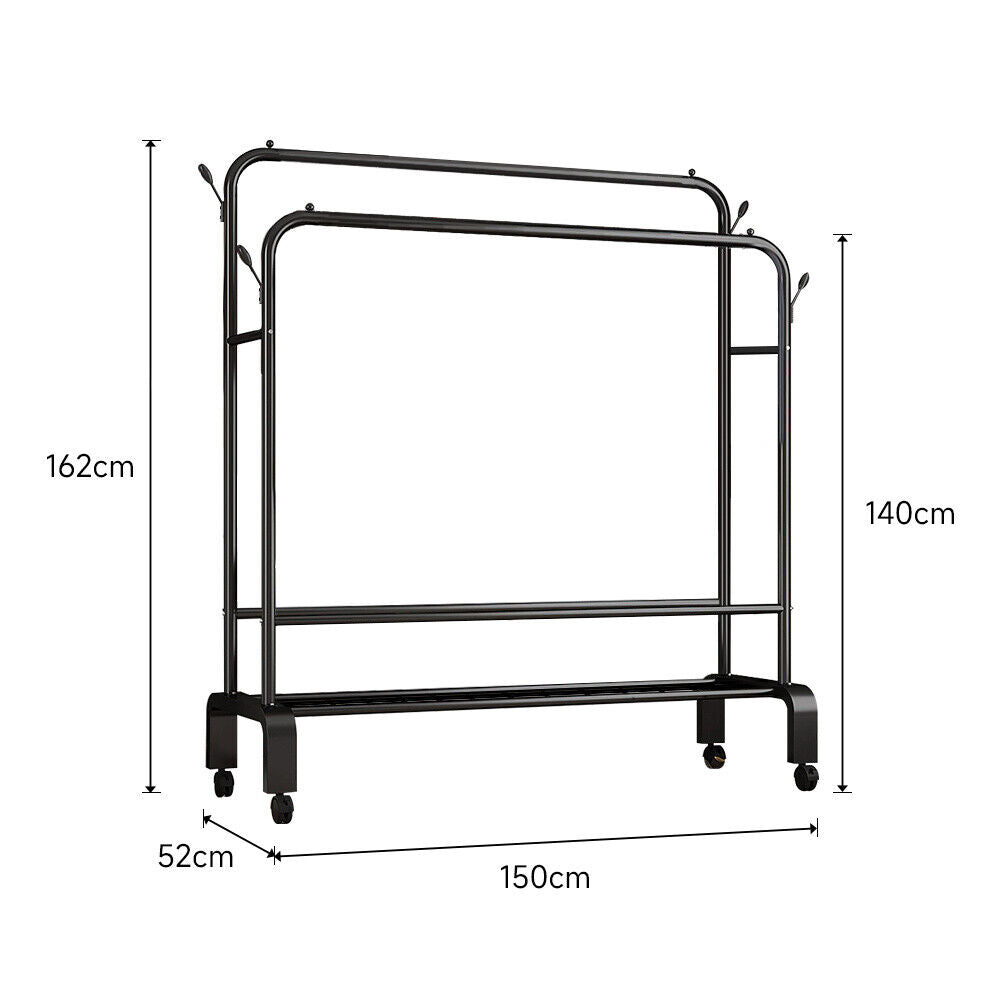 Mobile Double Clothes Hanging Rail w/ Storage Shelf Garment Shoes Display Stand