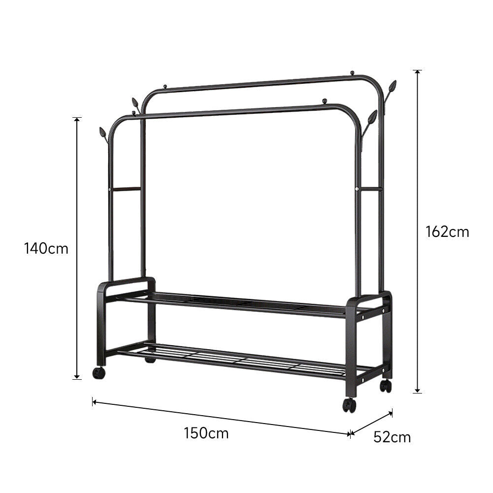 Mobile Double Clothes Hanging Rail w/ Storage Shelf Garment Shoes Display Stand