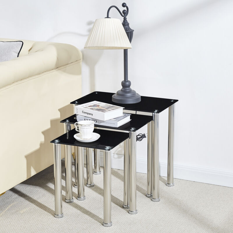 Nest of 3 Tempered Glass Nested Tables Side End Lamp Sofa Tables Living Room