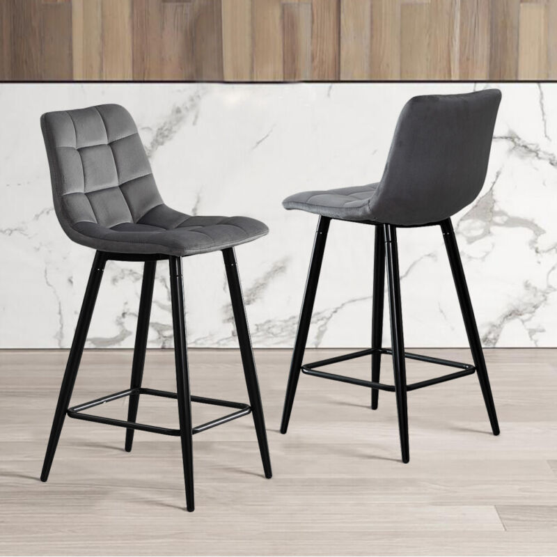 Set of 2 Dining Chairs Bar Stools Velvet Upholstered Metal Legs Barstool Chair