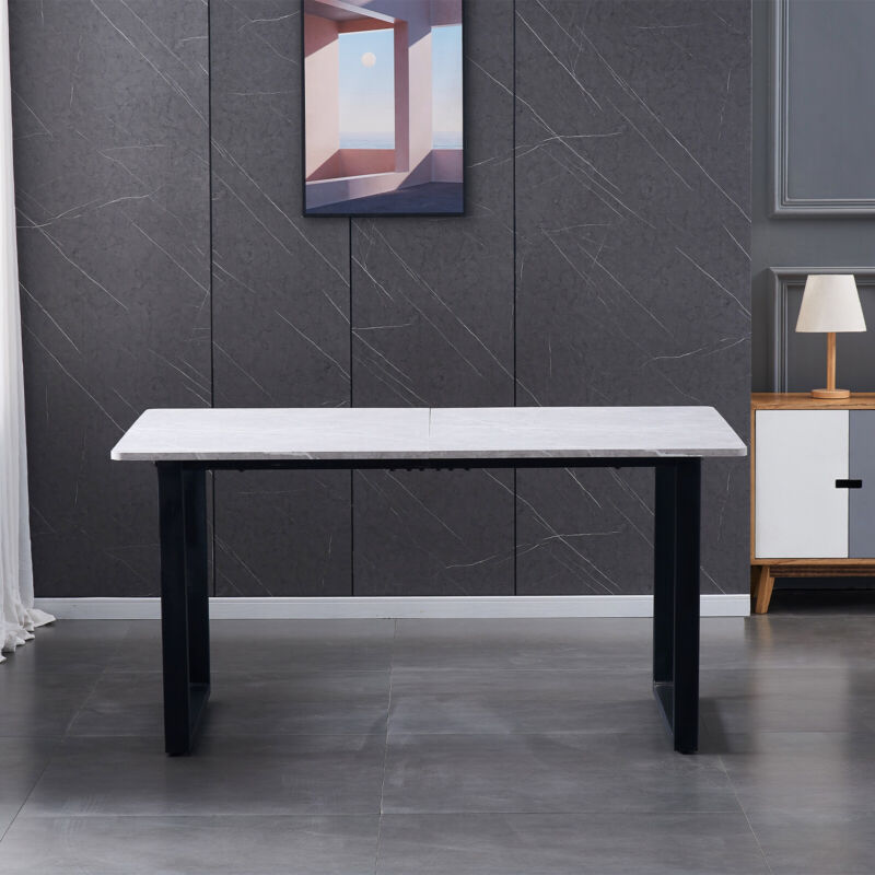 150cm Dining Table Set and 4 PU Leather Chairs Kitchen Marble Effect Grey Table