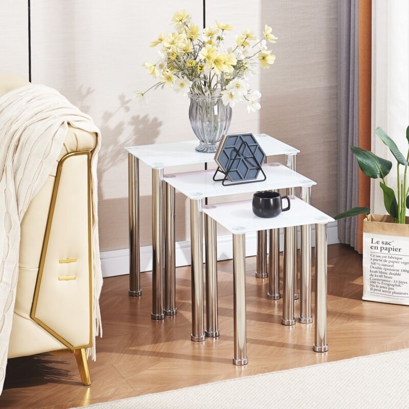 Nest of 3 Tempered Glass Nested Tables Side End Lamp Sofa Tables Living Room